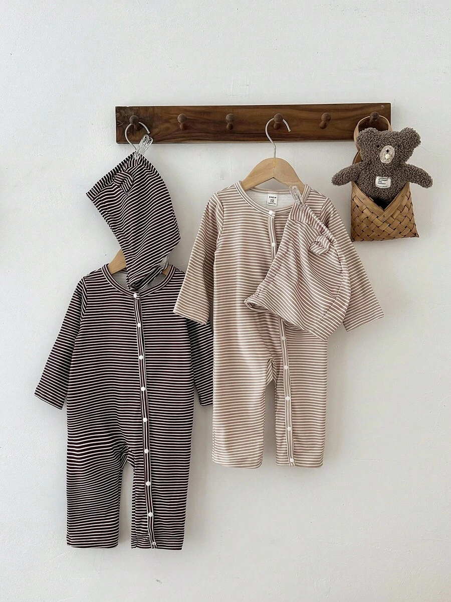 SHEIN 2pcs Baby Boys Striped Fleece Thickened Romper + Hat Set, Round Neck Warm Soft Fabric, Khaki & Coffee Color Korean Style Casual Versatile, Snap Button Design Easy To Wear, Long Sleeve & Pants Bodysuit Suitable For Outdoor In Winter, New Arrival Fall