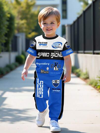 SHEIN 2pcs/Set Young Boy Casual Chic Racing Sports Style Graphic Print Crew Neck Short Sleeve T-Shirt And Pants Set, Suitable For Racing Sports