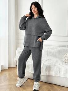 Teen Girl Loose Casual Minimalist Comfortable Hoodie Sweatshirt And Long Pants Set - Grey - View 4