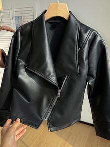 SHEIN 青少年女孩秋季灰色長袖人造皮革夾克 1件，斜拉鍊設計機車夾克 - 黑色 - 查看 5