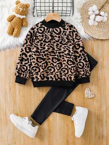 SHEIN 年轻女孩休闲时尚针织豹纹印花套头衫上衣和纯色针织 PU 紧身裤套装，秋冬，可爱、休闲、复古、优雅，非常适合冬季和秋季的休闲、日常穿着和学校日常穿着，适合圣诞节。 - 卡其色 - 查看 2