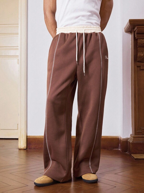 SWAVVY Men's Casual Sweatpants, Brown Loose Fit Pants With Embroidery Patchwork, Suitable For Spring And Autumn