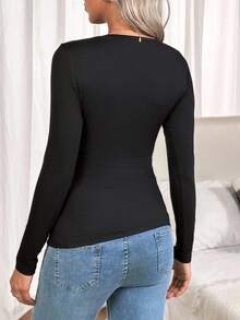 SHEIN Áo thun dài tay dáng ôm dáng đơn sắc dáng chéo cho bà bầu - màu đen - Xem 2