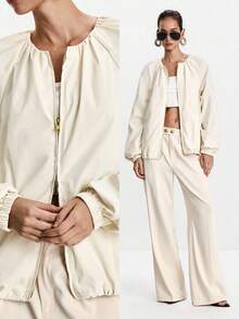 Lumivelle 2025 New Arrival Women's Pleated Loose Drawstring Lightweight Zip-Up Jacket Fall Winter Cloth For Women - Apricot - View 1