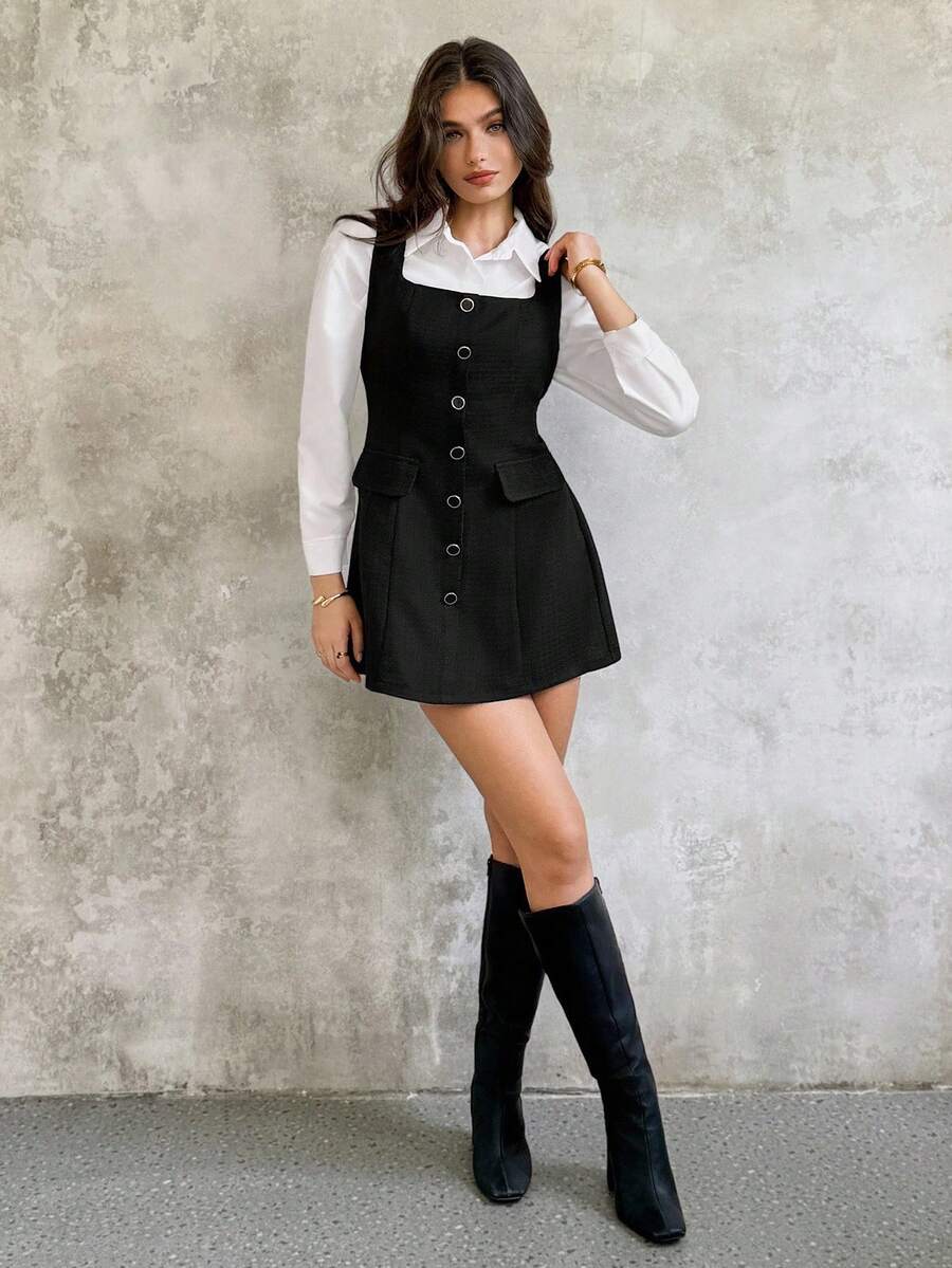 SHEIN Unity Nuevo vestido elegante sin mangas de alta gama con estilo retro francés para otoño - Negro - Ver 1