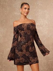 Lumalex 秋季新款女装冬季简约复古闪亮假日派对魅力优雅锐舞节郊游度假热门户外丰富层次婚礼季宴会成人礼亮片串珠装饰露肩露背泡泡袖紧身迷你连衣裙女式棕色露肩连衣裙棕色亮片连衣裙3D花卉连衣裙玫瑰连衣裙鸡尾酒会礼服奢华舞会证件照宰牲节派对新年 - 咖啡棕 - 查看 8