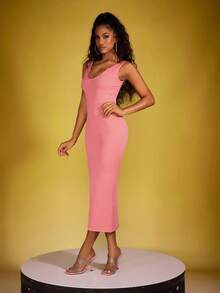 SHEIN Women Solid Color Fashion Dress, Suitable For Summer - Watermelon Pink - View 3