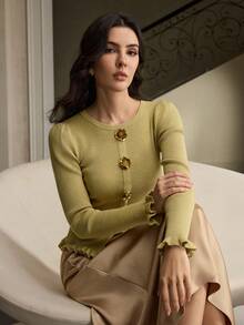 ZEYLAH Elegant French Style Women Sweater With Floral Lace 3D Decor - Gold - View 3