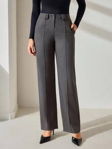 CLARA VERO Women's Solid Seam Detailed Tabby Weave Quality Elegant Suit Pants - Grey - View 3