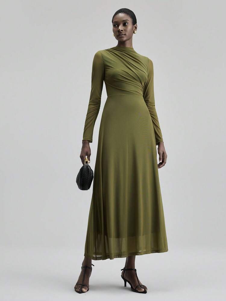 2026SS Spring/Summer Women's Extra Long Dress, Minimalist High-End Design Versatile For Daily Wear, Military Green, Soft Knit Fabric, Stand Collar, Slim Fit, Women's Long Dress, Business Casual, Office Commute, Daily Wear, Korean Style, Designed, Suitable For 5-15°C, Holiday, Party, Wedding Guest, Women's Office Wear, Best-Selling Solid Color Versatile Women's Extra Long Dress