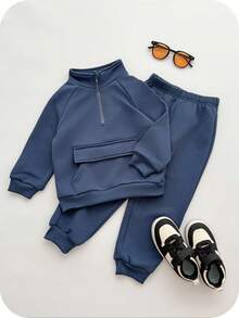SHEIN 2pcs/Set Young Boys' Brushed Thickened Sweatshirt With Stand Collar & Pockets And Solid Color Pants, Winter Tracksuit Fall - Blue - View 3