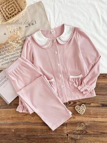 SHEIN Set de 2 bucăți pentru fete, casual, culoare solidă, contrastant, bluză cu mânecă lungă și pantaloni, pijamale pentru casă - Roz - Vizualizare 3