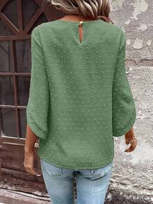 EMERY ROSE 女式波尔卡圆点镂空纹理中袖不对称袖口装饰纽扣波西米亚风格宽松圆领衬衫 - 綠色 - 查看 2