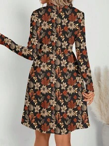 EMERY ROSE Casual Elegant Autumn Tone Red-Brown Fallen Leaves Full Print Pattern Women's Dress, Suitable For Autumn/Winter - Multicolor - View 2
