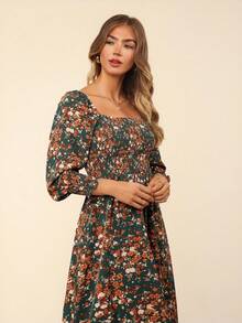 Coeurva Floral Print Square Neck Flounce Sleeve Ruffle Hem Dress - Green - View 2