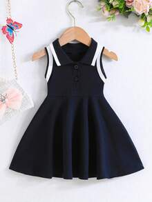 SHEIN Baby Girl Contrast Trim Half Button Sleeveless Dress For Summer - Royal Blue - View 3