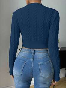 Zielony 女式秋季麻花图案圆领长袖短款修身毛衣 - 水鴨藍 - 查看 2