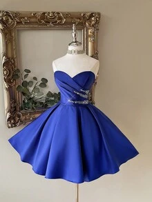 Lovelzi 优雅蓝色水钻短款A字系带露背抹胸连衣裙，适合婚礼、派对、约会、度假、舞会、婚礼宾客、派对礼服、情人节等场合。 - 藍色 - 查看 2