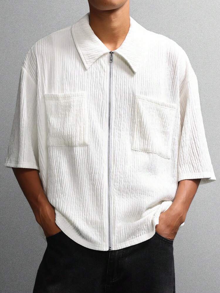 Textured Zip Front Shirt With Chest Pockets