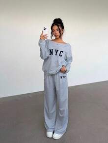 Aloruh 女士宽松舒适百搭露肩纽约字母印花休闲两件套，适合街头、户外和机场穿着 - 灰色 - 查看 1