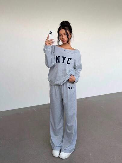 Aloruh 女士宽松舒适百搭露肩纽约字母印花休闲两件套，适合街头、户外和机场穿着