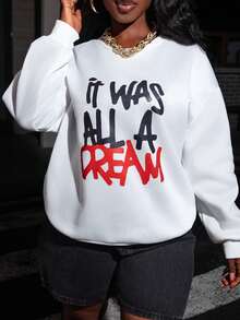 Rovax Women's Slogan Printed Sweatshirt IT WAS ALL A DREAM,Ladies Spring/Fall Casual Wrist-Length Sleeve Round Neck Loose Regular White Drop Shoulder Pullovers Women Hoodies Graduation,Back To School Outfits,Graduation,Teacher Outfits For Women,Back To School - White - View 3