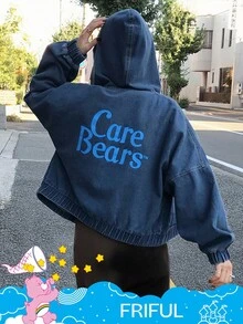 SHEIN X Care Bears FRIFUL Women's Casual Fashion Street Style Heart & Letter Graphic Drop Shoulder Zipper Pockets Splice Hooded Denim Jacket, Spring/Autumn - Blue - View 5