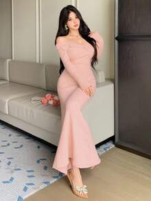 DAZY 秋冬束腰紧身鸡尾酒会礼服，性感露肩花卉装饰派对礼服，时尚婚礼、宴会、舞会晚礼服毛衣裙 - 粉色 - 查看 5