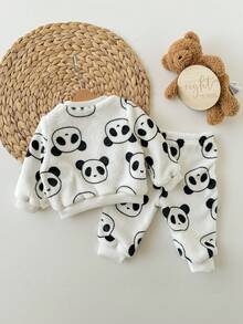 Set pigiama neonato bambina con stampa carina di panda, maniche lunghe, abbigliamento casual per autunno/inverno - Grigio - Visualizzare 2