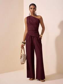 Zivah 2025 Summer New Style Music Festival Easter Mother's Day Wedding Birthday Party Daily Outing Basic And Versatile Leisure Internet Celebrity Hot Style Elegant Commuter Business Casual One-Shoulder Pleated Waist Asymmetrical Hem Women's Top And Straight Pants Khaki Women's Two Pieces Set