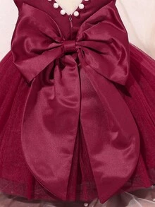 SHEIN Glamorique Kids 圣诞公主女童连衣裙、花童舞会礼服、婚礼派对用酒红色薄纱泡泡袖连衣裙、白色串珠V字背大蝴蝶结公主裙 - 酒紅色 - 查看 5