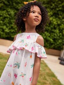 Joliand Joliand 1 pièce Robe élégante, urbaine et mignonne avec volant pour jeune fille, imprimé de palmiers et de fleurs, convient pour les réunions, les sorties, la plage, les fêtes, l'été - Multicolore - Voir 7