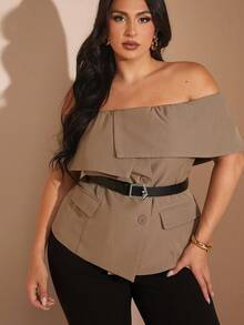 SHEIN BAE 秋冬大码女式露肩西装上衣 - 棕色 - 查看 9