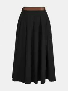 Maija 2025夏季新款黑色高腰褶裥侧袋PU皮可拆卸金属腰带半身裙，优雅百搭，适合派对和办公通勤。