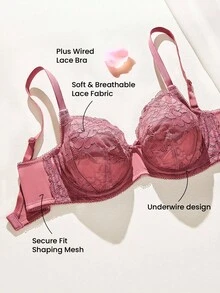 LUVLETTE 加大码女士全罩杯内衣休闲曲线支撑透气钢圈性感无衬垫显瘦酒红色蕾丝优雅文胸新娘内衣 - 玫瑰紅 - 查看 2