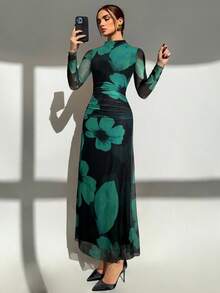 Aloruh Váy dài tay ôm sát in họa tiết lưới màu đỏ thời trang thu đông mới - Màu xanh ngọc - Xem 4