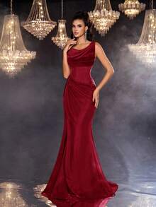 Glamrae 简约红色褶饰透明下摆正式晚礼服 - 紅色 - 查看 6