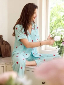 SHEIN 条纹心形印花翻领短袖女士睡衣套装女士睡衣套装心形睡衣套装夏季睡衣套装女士睡衣套装舒适优雅细节 - 薄荷藍 - 查看 6