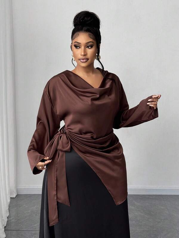 Maweii Plus Size Women Solid Color Plunging Neck Long Sleeve Side Knot Asymmetric Hem Fashionable Blouse