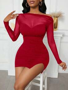 Zolique 女式纯色圆领网眼荷叶边下摆开衩迷你连衣裙 - 紅色 - 查看 5