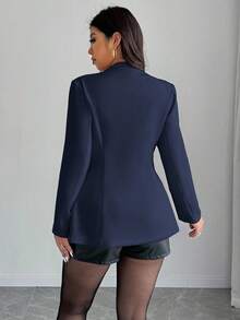 Elenzga Blazer Ajustado de Gola V de Botão Único Minimalista Plus Size - Azul Marinho - Visão 2