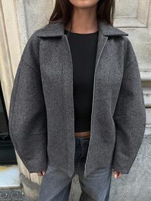 Aloruh 女款秋冬新款翻领拉链深灰色羊毛宽松常规外套 - 深灰色 - 查看 7