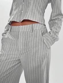 MUSERA 修身中腰细条纹直筒裤，优雅商务休闲风，适合度假、秋冬、工作、办公室、约会、外出、返校、婚礼宾客等各种场合，打造可爱日常胶囊衣橱，春夏皆宜。 - 灰色 - 查看 4