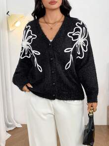 Firerie Plus Size Elegant Floral Decor Cardigan, Suitable For Commuting, Autumn/Winter - Black and White - View 7