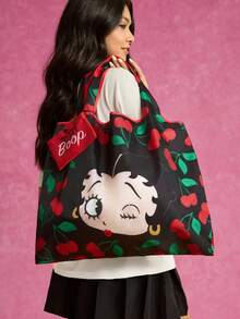 Betty Boop x SHEIN 1 pieza Bolsa de compras plegable con figura de dibujo animado linda, bolso de mano con bolsillo desmontable en cadena, juguetón, cereza, ideas de regalo, fiesta, vacaciones, Día de San Valentín - Negro - Ver 3