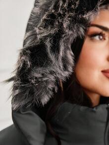 EURMUSE Zipper Front Plus Size Hooded Puffer Jacket – Street-Style Bubble Coat For Cold Weather - Black - View 6