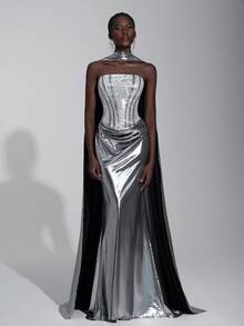 Elitara 优雅、奢华、未来感十足的针织涂层面料，配有缝线、法式刺绣、人字形腹部褶皱、飘逸领口的贴臀连衣裙、女士晚礼服、网眼连衣裙、连衣裙