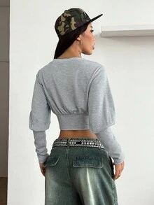 Coolane 女士秋冬街头服饰 Y2K 极简主义日常休闲外出宽松收腰灯笼袖短款卫衣 - 灰色 - 查看 6