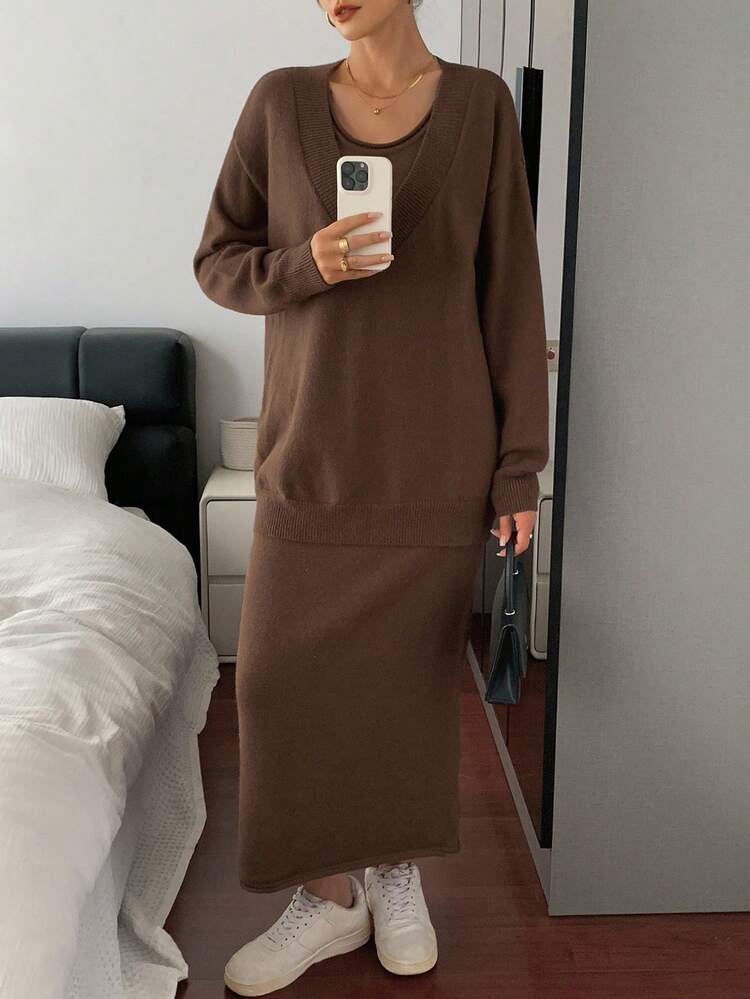2pcs Set: Long Tank Dress + V-Neck Sweater