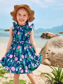 Joliand Joliand 1pc Young Girl Urban Elegant Green Leaf & Pink Floral Print Ruffle Hem Loose Sleeveless Dress,Navy Blue,Summer,Beach,Holiday For Casual,Party,Wedding - Multicolor - View 8